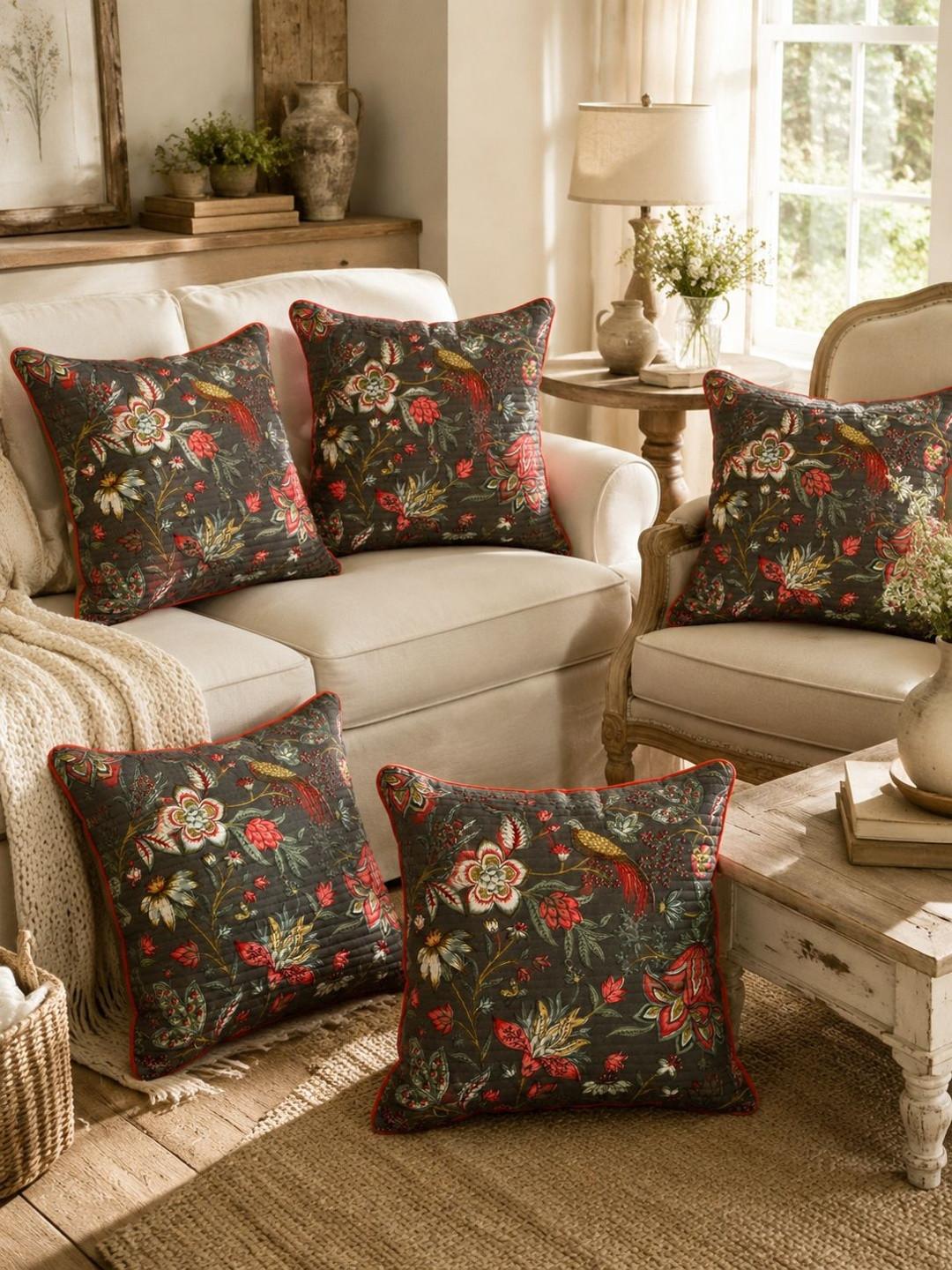 Clasiko Grey Floral Cotton Breathable 5 Piece Square Cushion Covers -12x12In