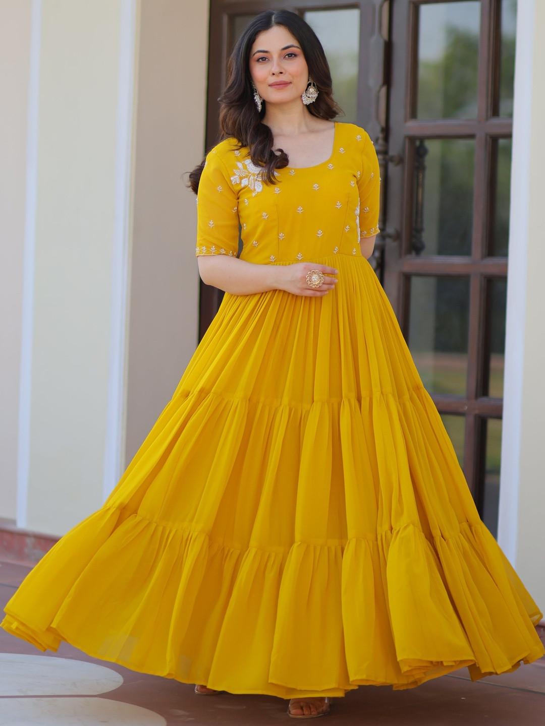 KALINI Embroidered Round Neck A-Line Ethnic Dresses