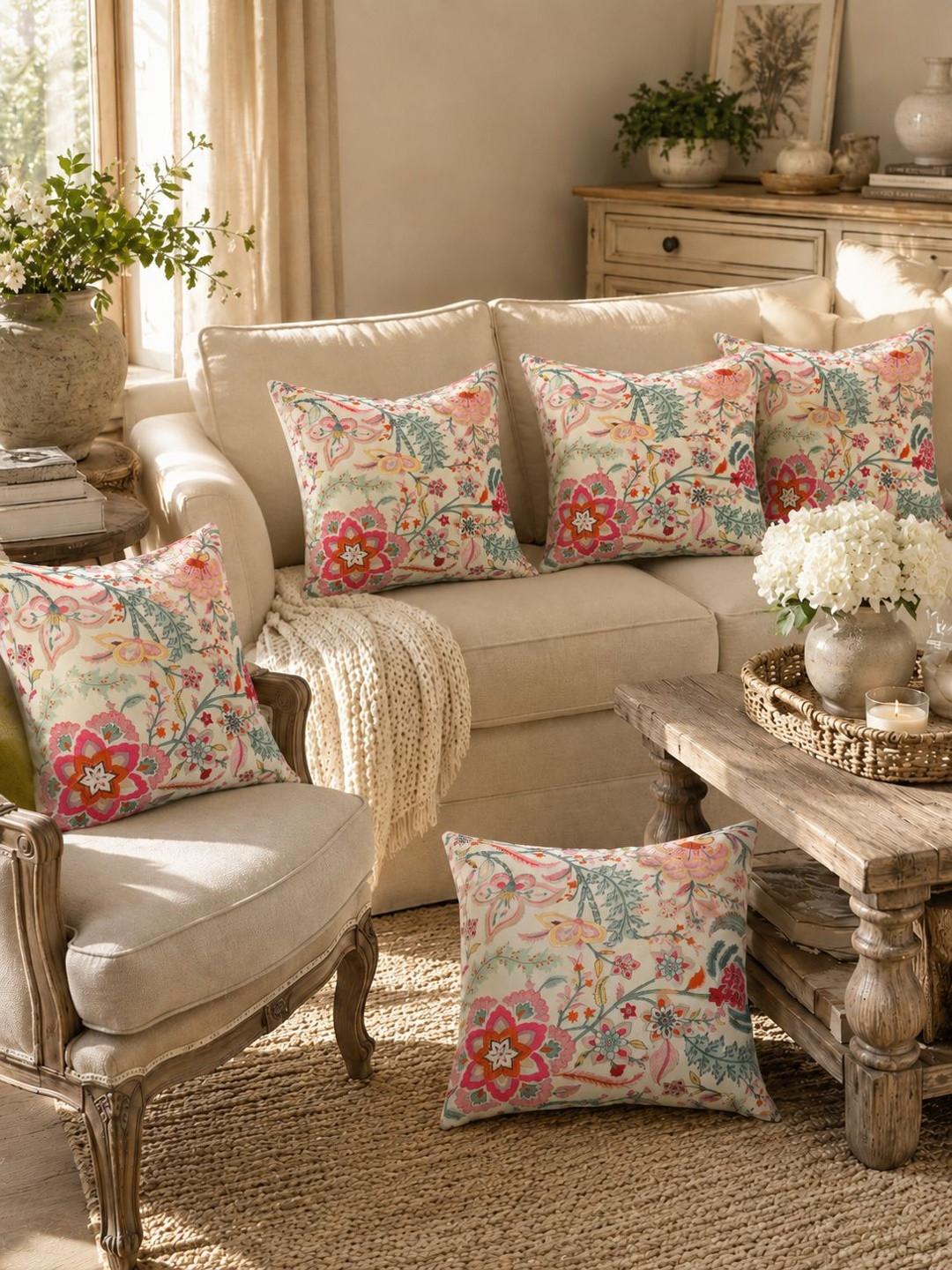 Clasiko White & Pink 5 Pieces Floral Cotton Square Cushion Covers