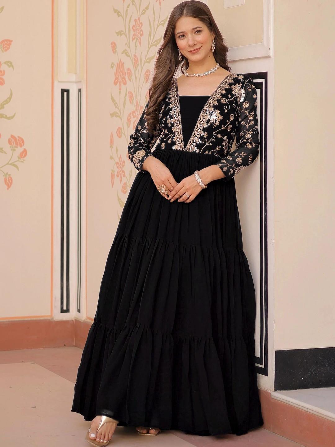 KALINI Embroidered Square Neck Fit & Flared Ethnic Dresses
