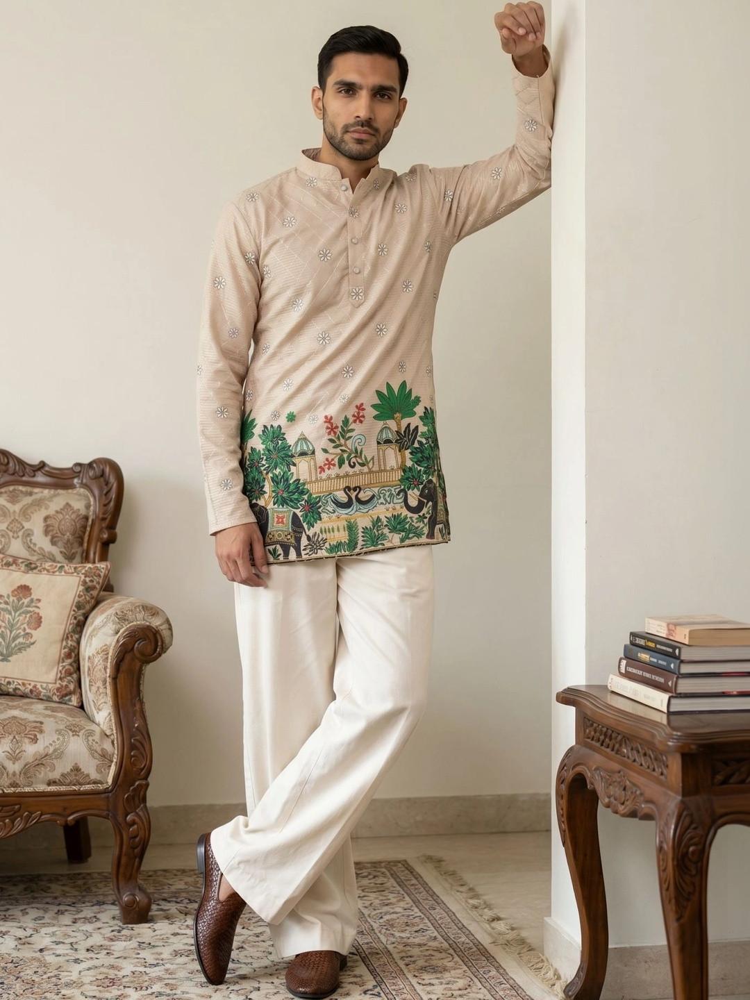 Jompers Men Cotton Blend Printed Kurta with Korean Pants