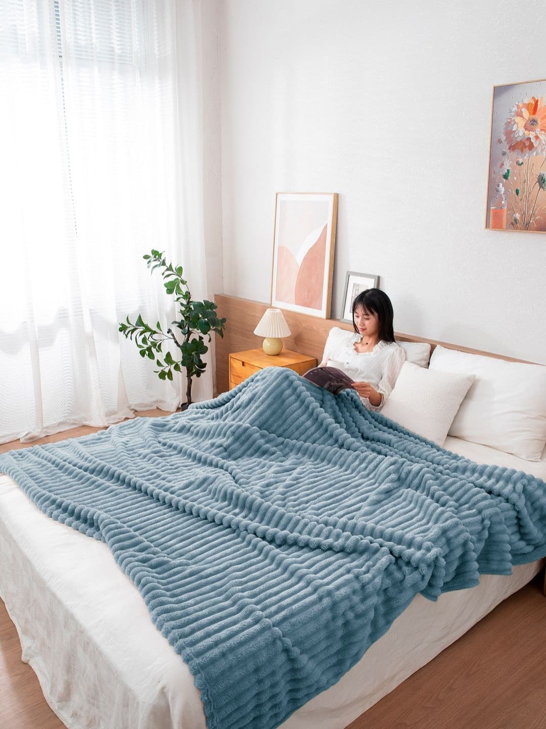 HOKIPO Blue Fleece 210 GSM Double Bed Blanket