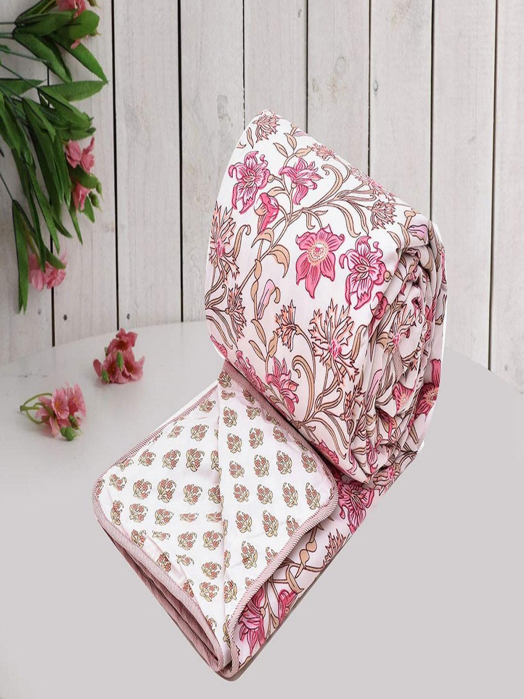 RRC White & Pink Ethnic Motifs Pure Cotton Reversible AC Room 120 GSM Double Bed Dohar