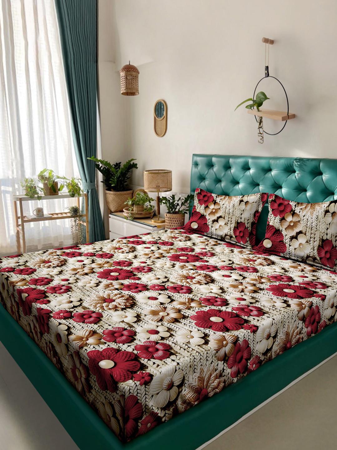 KLOTTHE Beige Floral 300TC King Superfine 7D Bedsheet & 2 Pillow Covers-2.50mx2.25m
