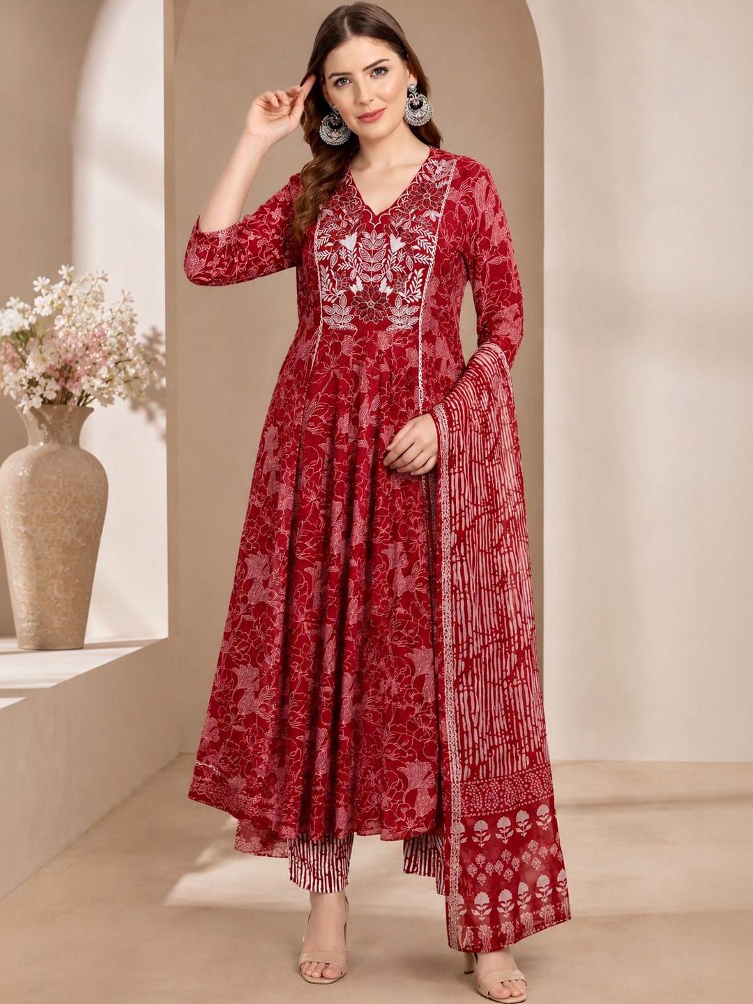 SINGNI Women Floral Printed Regular Thread Work Pure Cotton Kurta with Palazzos & With Dupatta