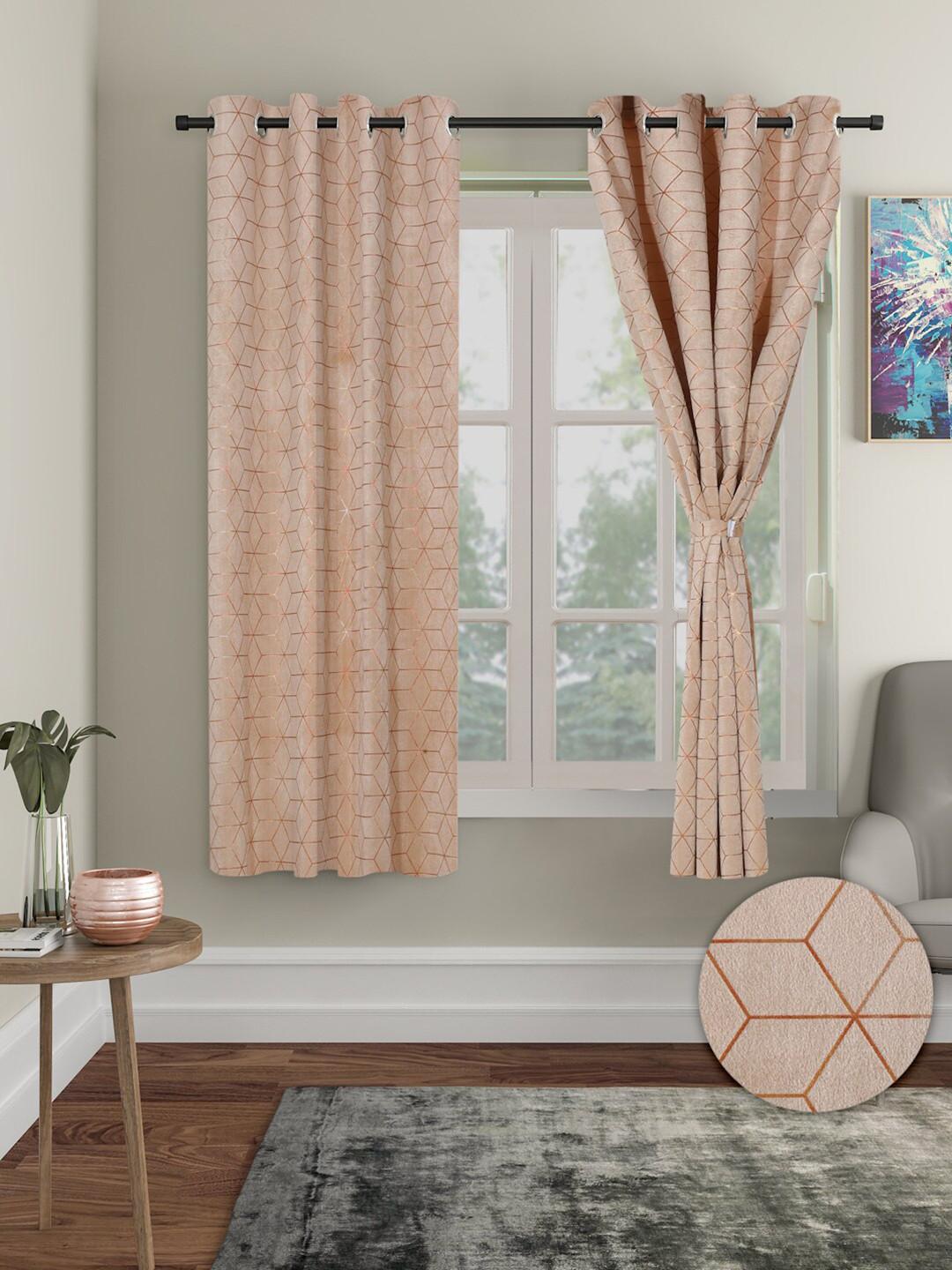 Aura Beige 2 Pieces Geometric Velvet Blackout Window Curtain