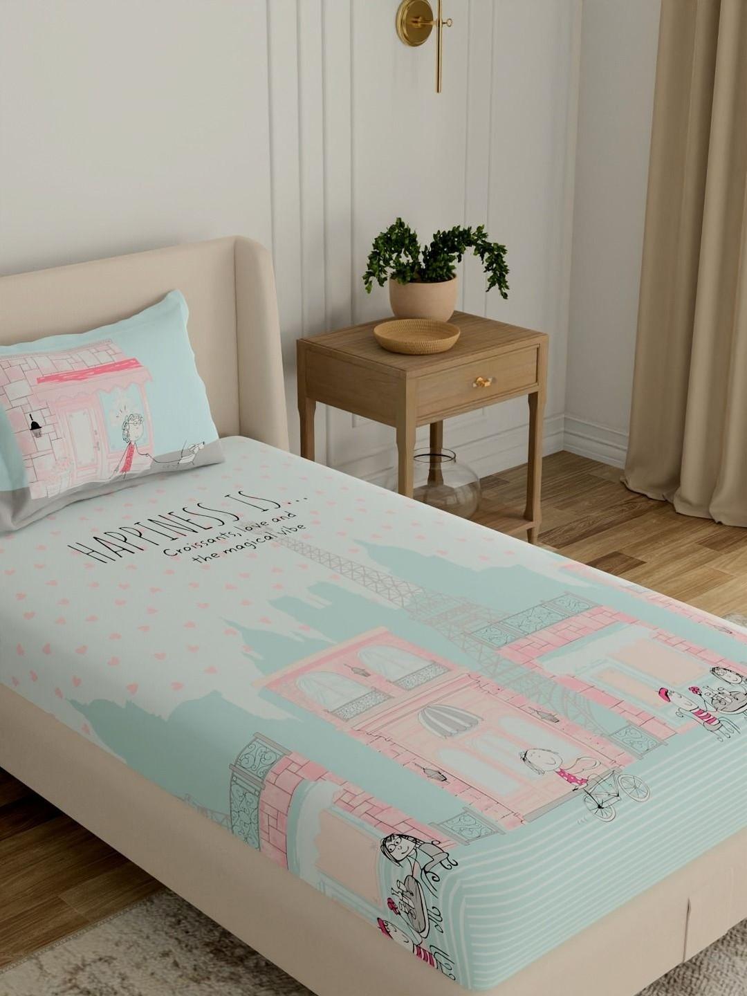 Portico Blue Conversational 144 TC Single Bedsheet with 1 Pillow Covers