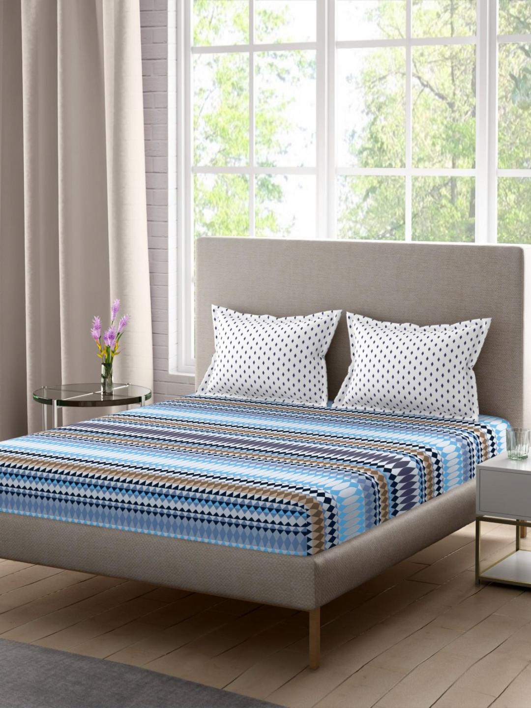 Portico White & Blue 144 TC Queen Bedsheet with 2 Pillow Covers