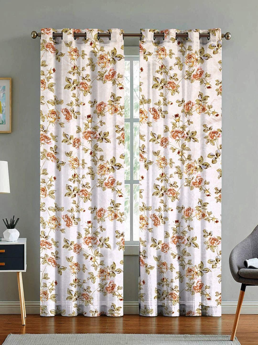ANA White & Green Set of 2 Floral Room Darkening Door Curtain