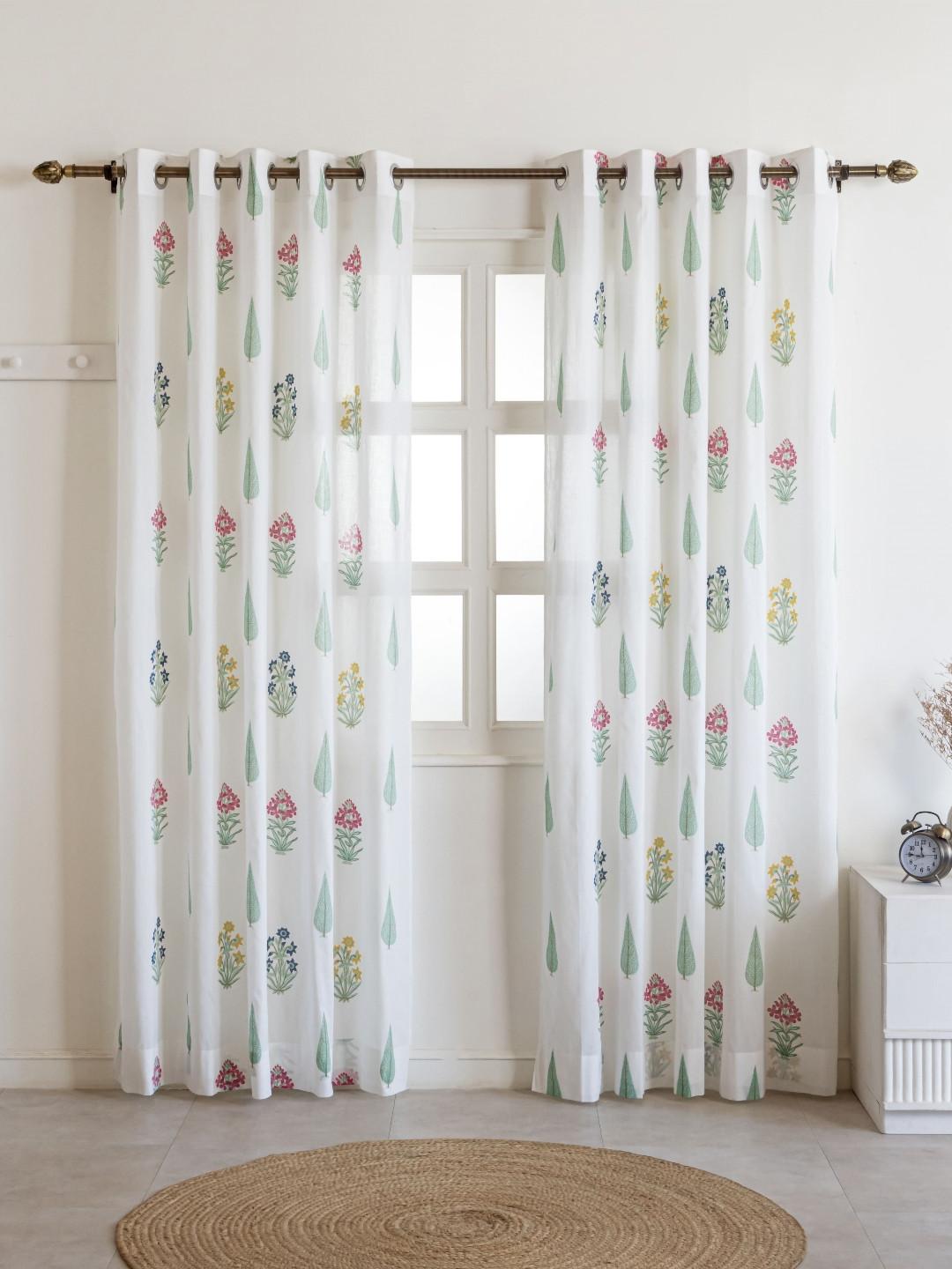 Clasiko White & Green 2 Pieces Floral Printed Sheer Door Curtain
