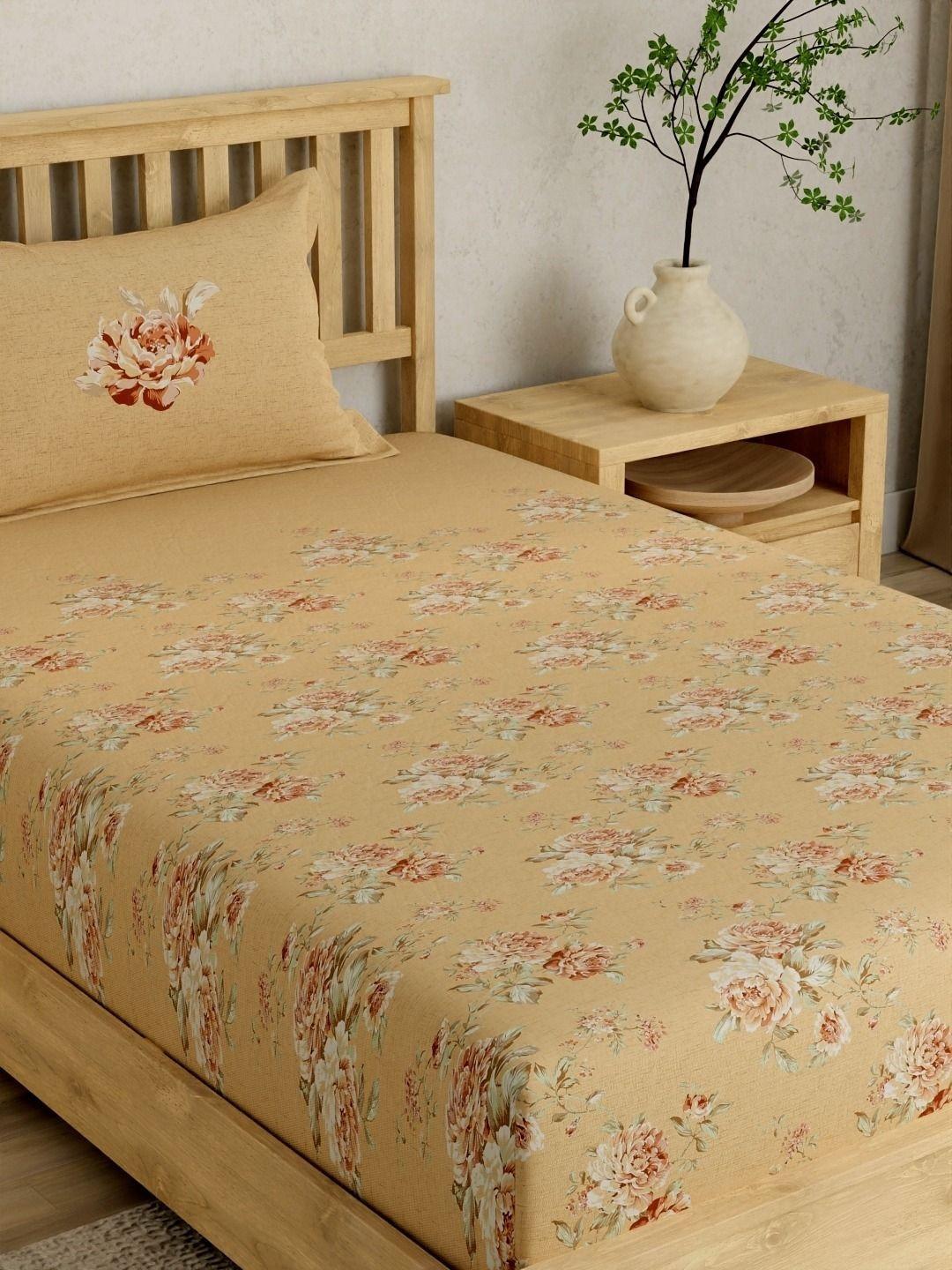Portico Mustard & White Floral 152 TC Single Bedsheet with 1 Pillow Covers