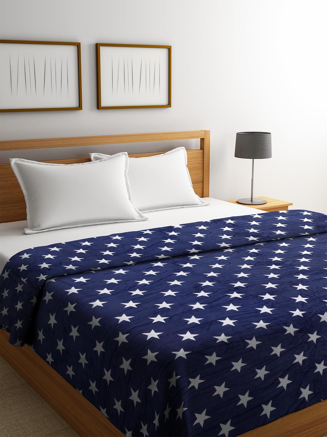Cortina Navy Blue & White Printed AC Room 250 GSM Double Bed Blanket