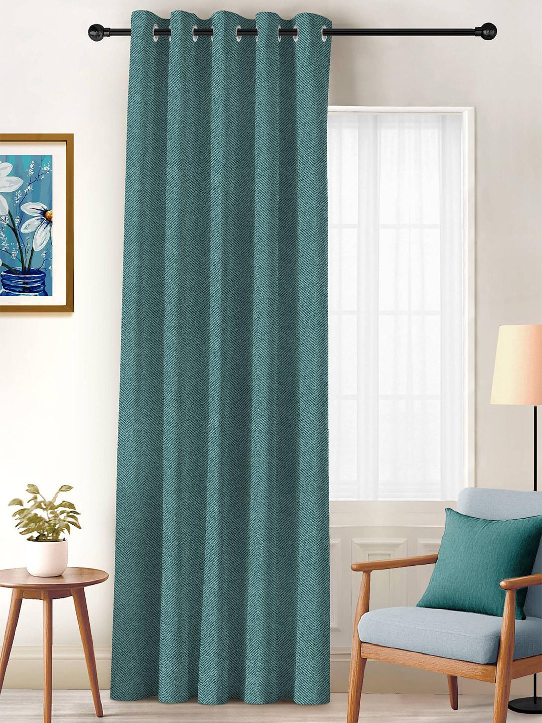 CASABLEU 2 Pieces Teal Self Design Black Out Long Door Curtains