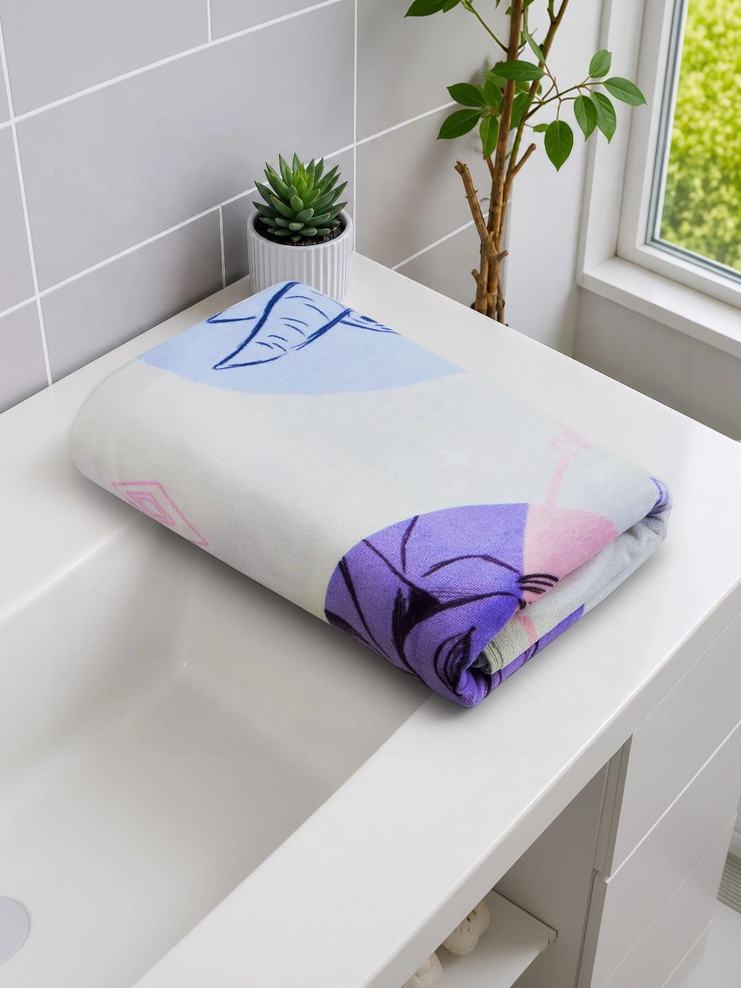 SPACES Cream-Coloured & Purple 1 Printed Cotton 450 GSM Bath Towel