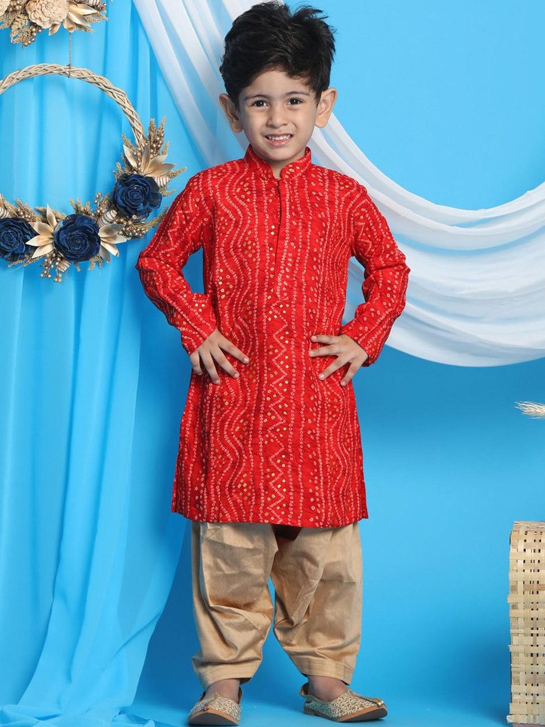 VASTRAMAY Boys Maroon & Rose Gold Bandhani Kurta & Patiyala Set