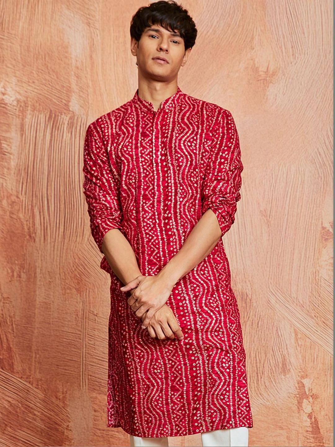 VASTRAMAY Bandhani Printed Mandarin Collar Straight Kurta