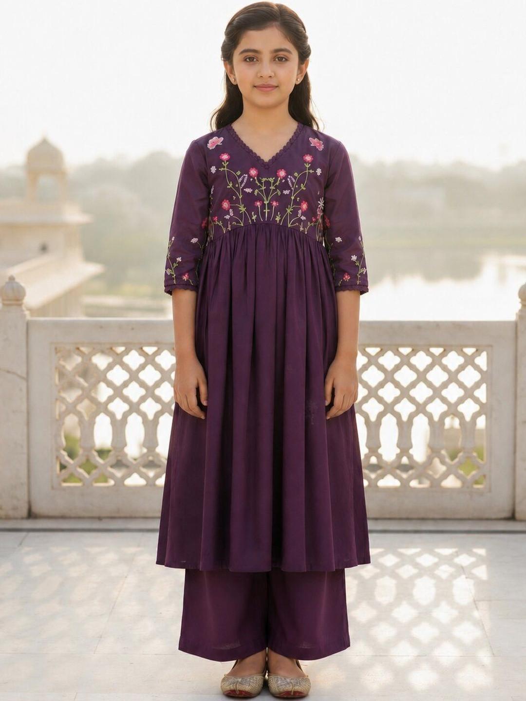 JAANYA Girls Floral Embroidered Empire Thread Work Kurta with Palazzos