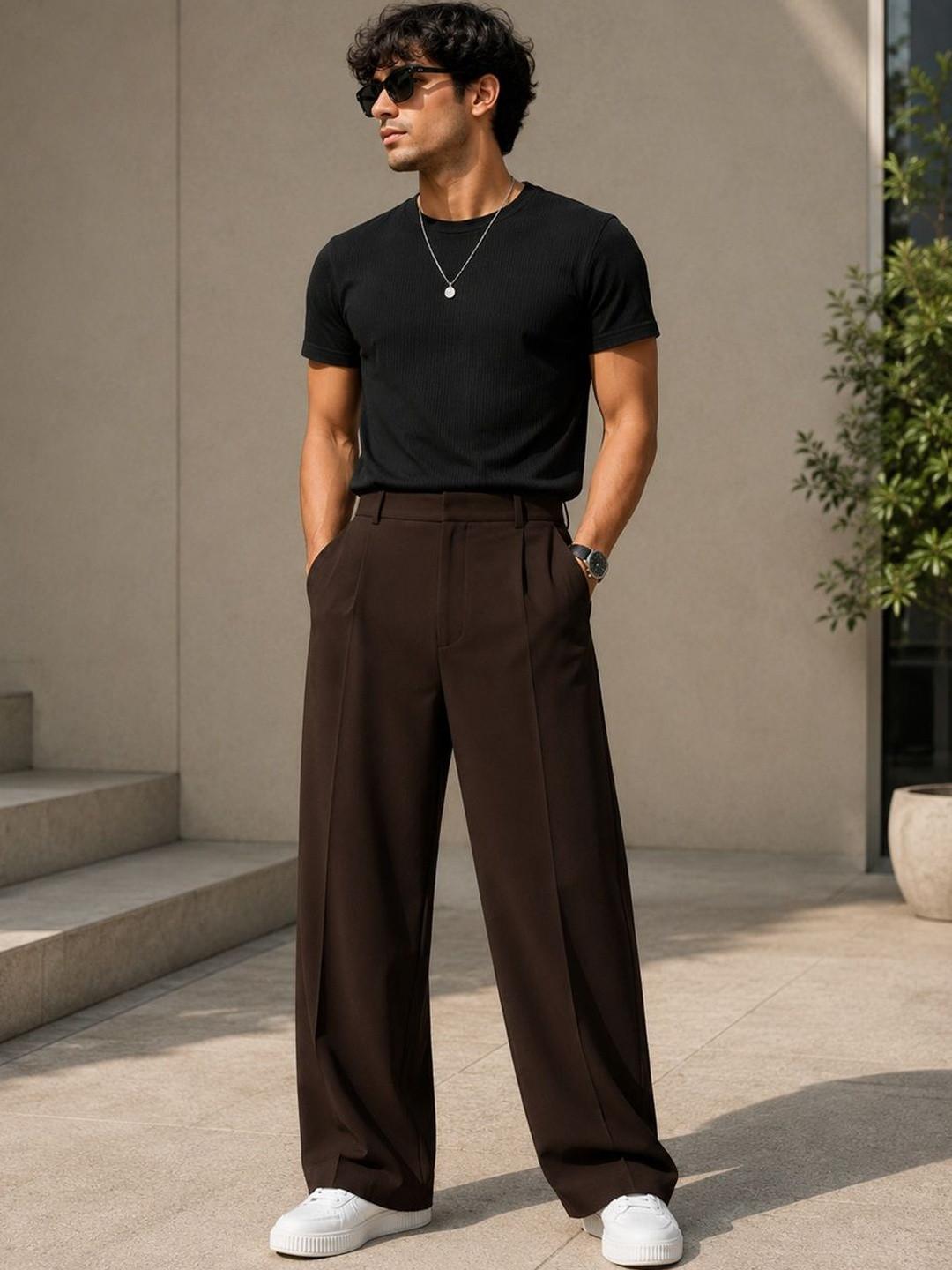 SENDIPO Men Smart Loose Fit High-Rise Easy Wash Pleated Trousers