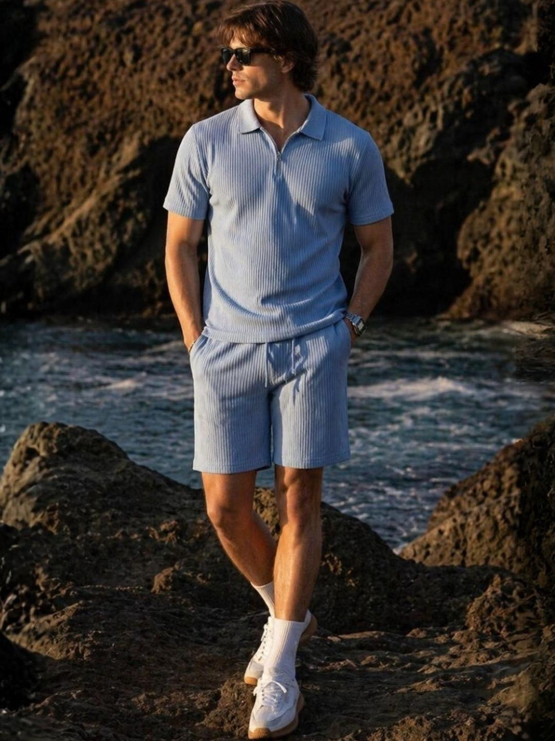 NOBERO Textured Zip Up Polo T-shirt with shorts Co-ord Set