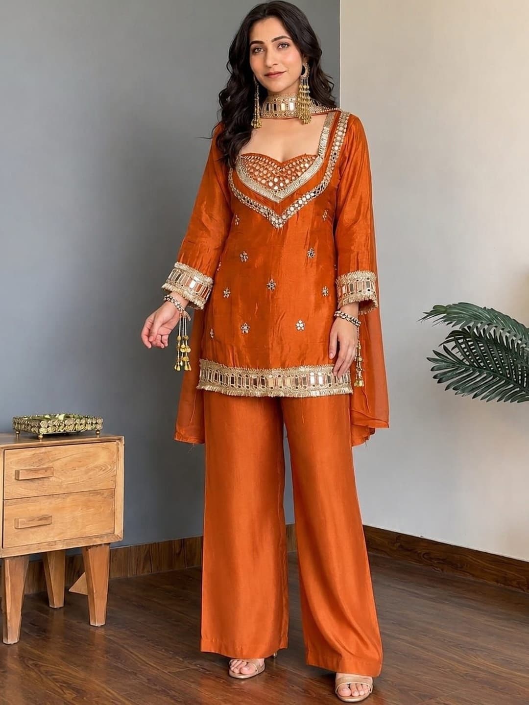 all about you Women Ethnic Motifs Embroidered Regular Mirror Work Kurta with Palazzos & With Dupatta