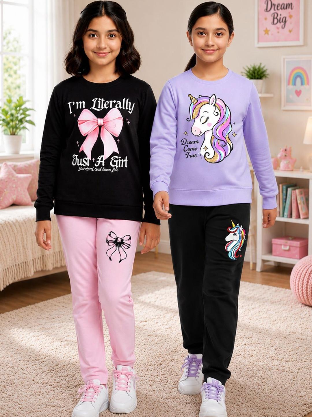 KEESOR Girls Pack Of 2 Printed Full Sleeves T-Shirt & Lounge Pants Clothing Set