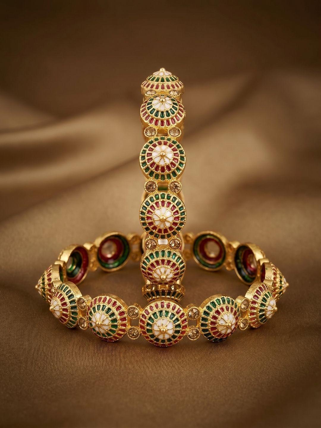 SZN Set of 2 Gold-Plated Enamelled Stone Studded & Beaded Bangles