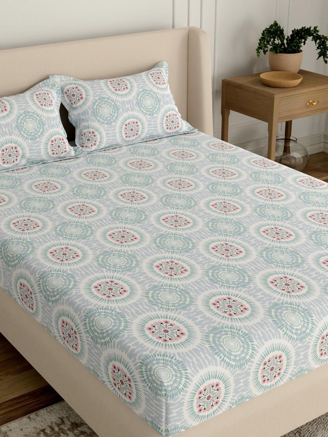 Portico Marvella 144 TC Pure Cotton Blue Floral Queen Fitted Sheet & 2 Pillow Covers