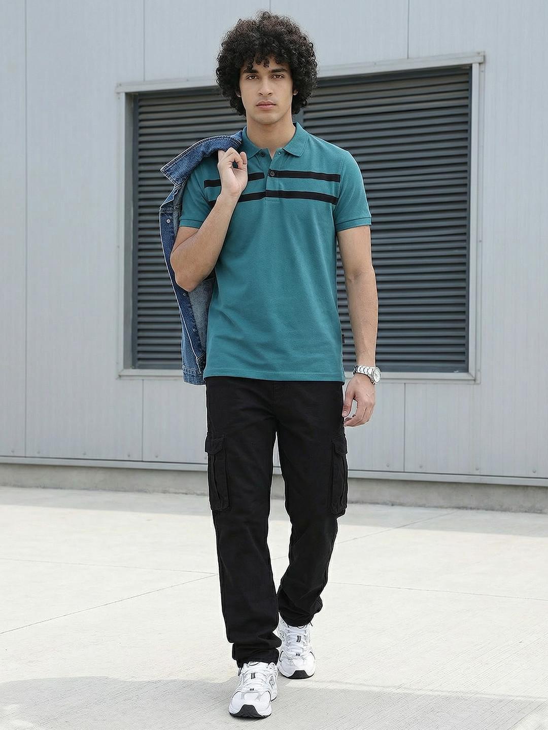 Roadster Men Teal Blue & Black Polo Collar T-Shirt With Printed Stripes