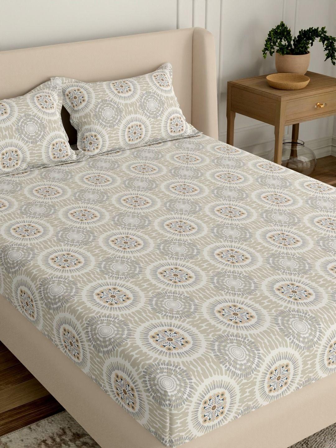 Portico Grey Floral 144 TC Queen Bedsheet with 2 Pillow Covers