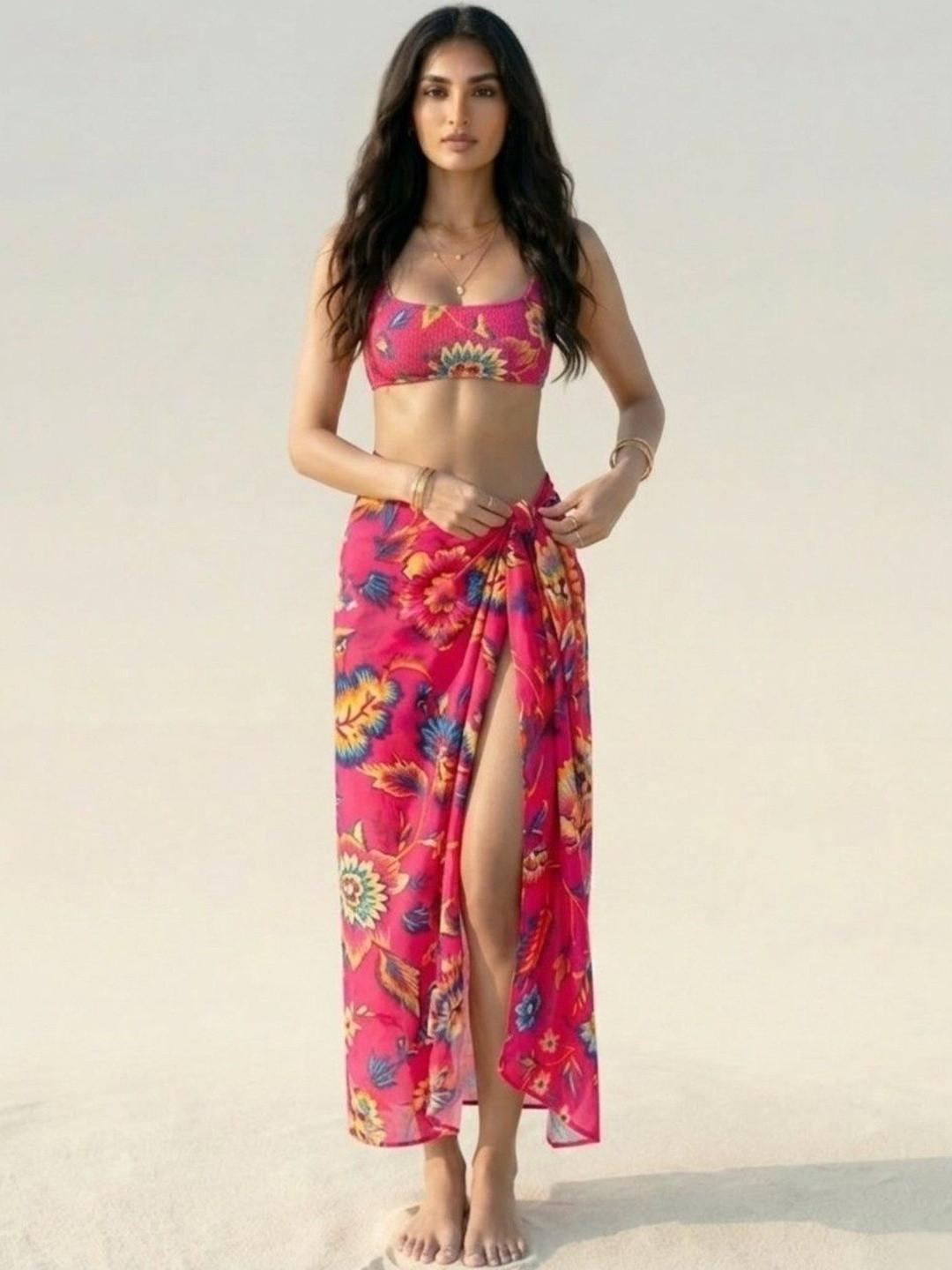 WomanLikeU Pink Floral Print Beach Sarong