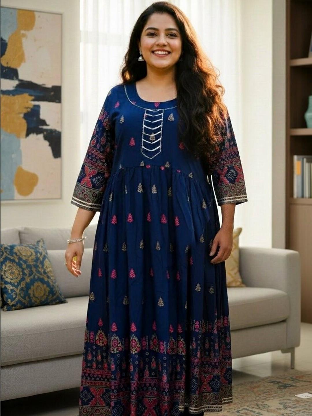 Sztori Cotton Round Neck Fit and Flare Maxi Ethnic Dresses