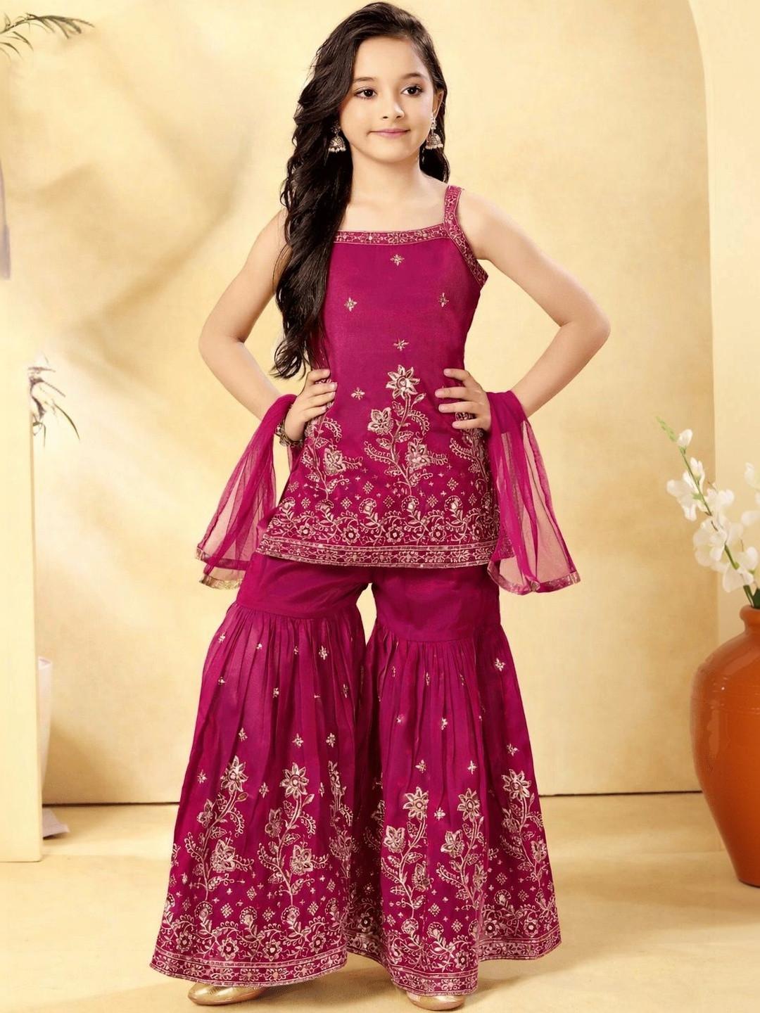 UFB Girls Floral Embroidered Regular Kurta with Sharara & With Dupatta