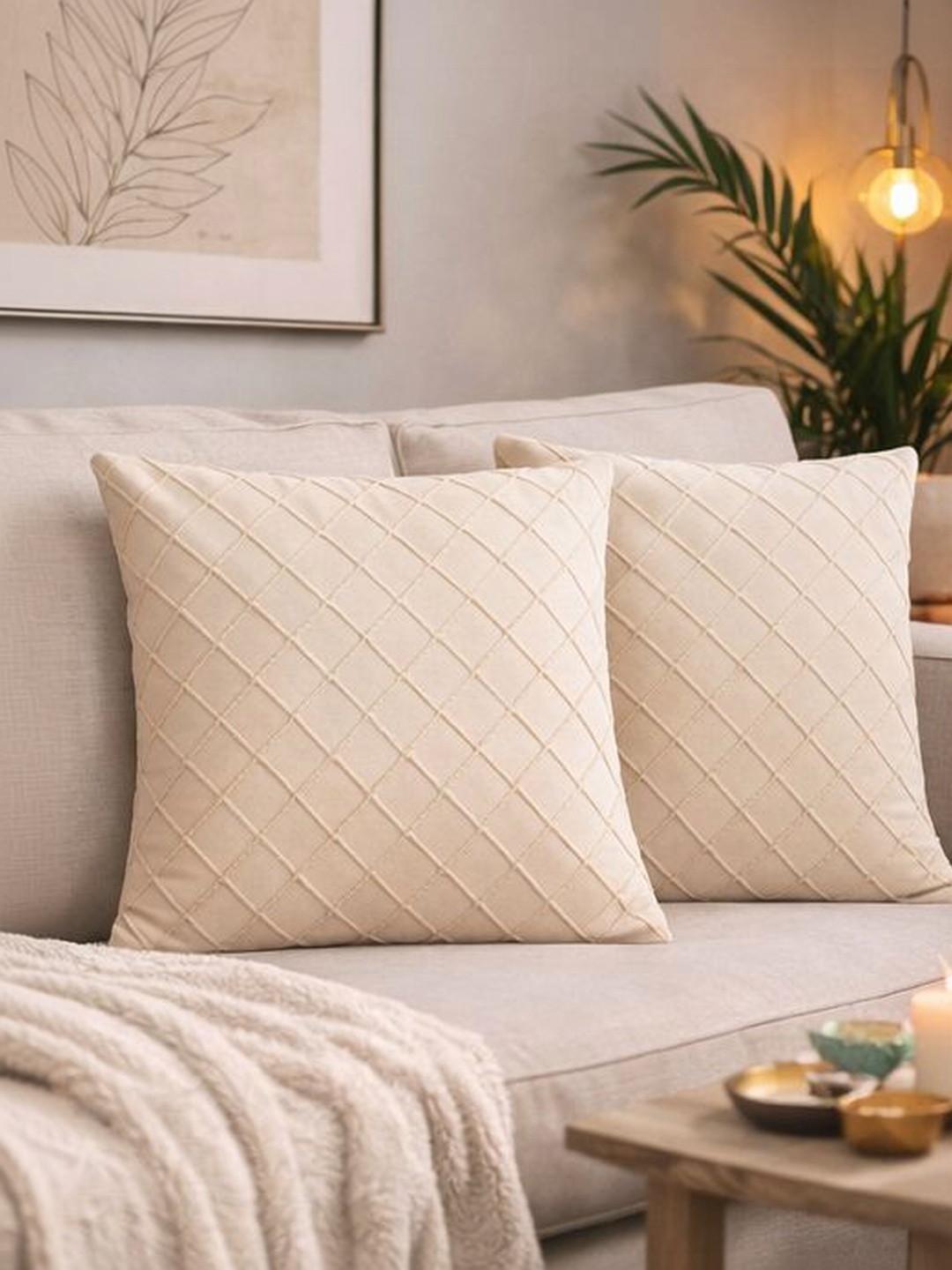 SWAYAM Cream-Coloured Set of 2 Velvet Square Cushion Covers