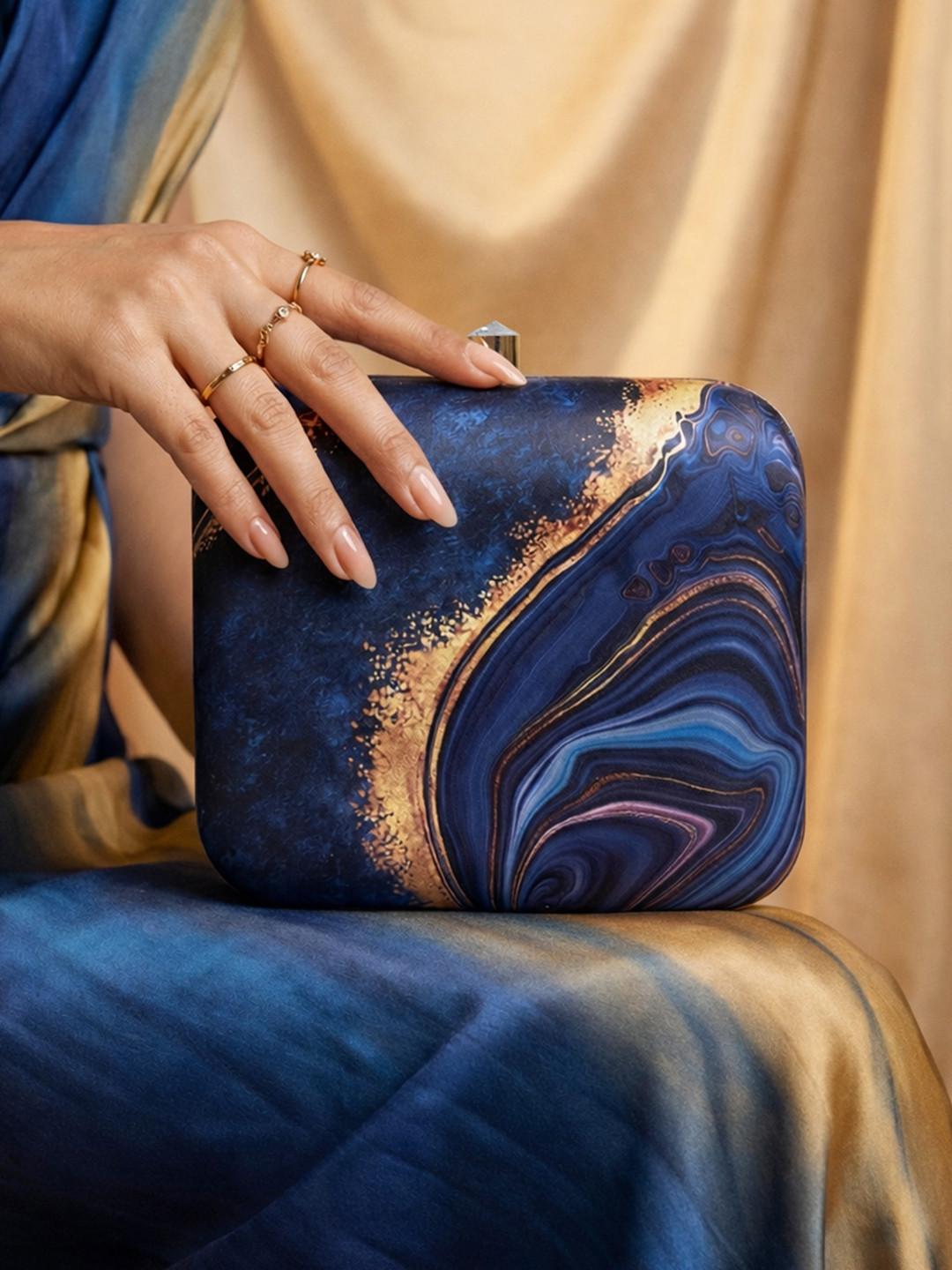 ARTKLIM Blue & Yellow Marble Printed Box Clutch