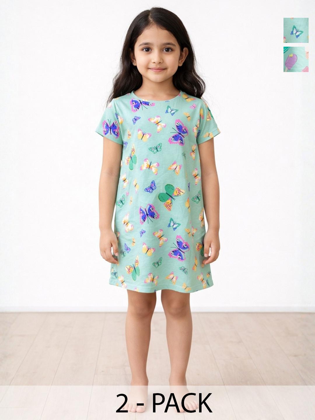 Anthrilo Pack of 2 Kids Girls Summer Night Dress Cotton Butterfly Green and Ice Cream