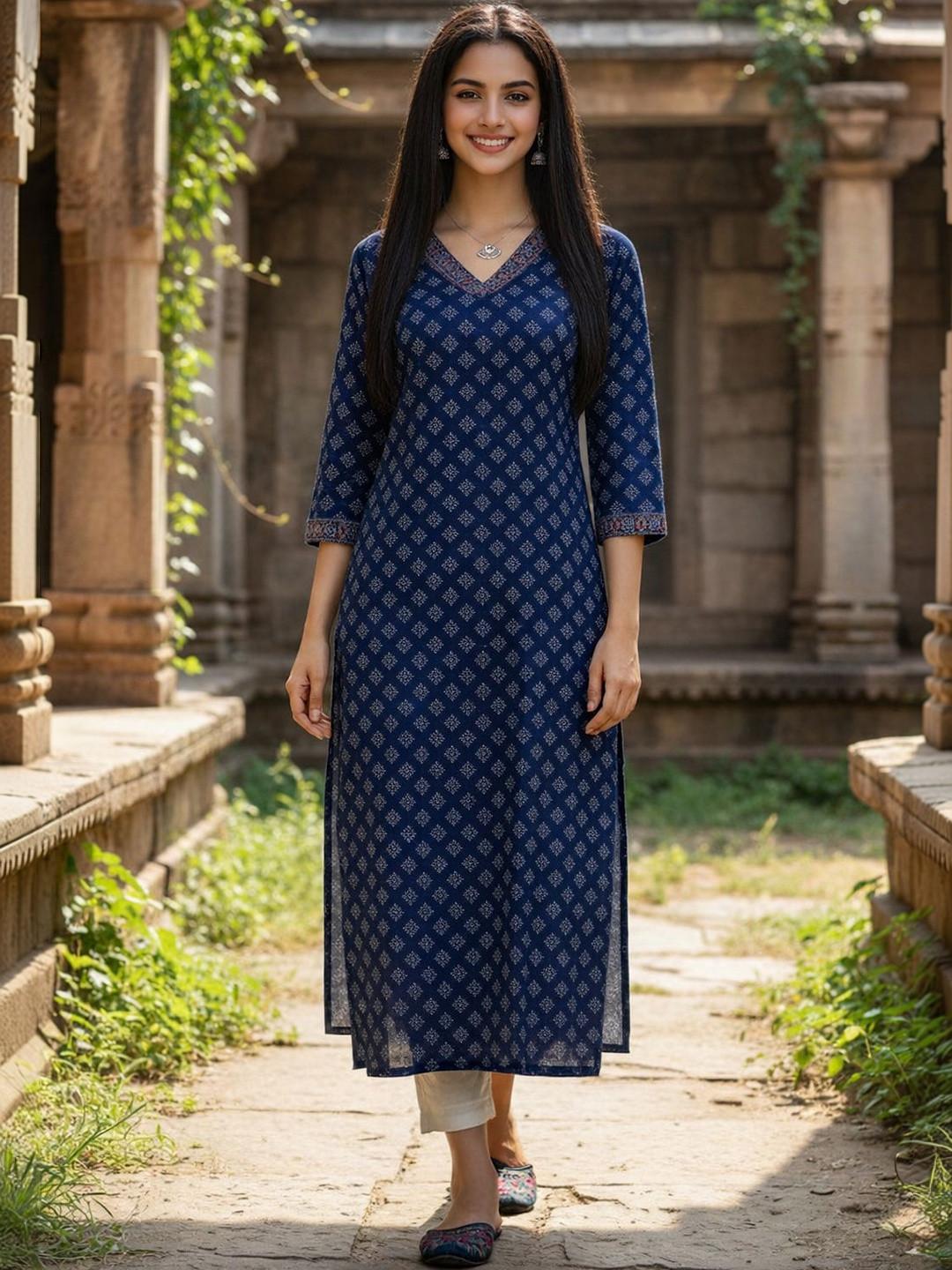 KALINI Floral Printed V-Neck Pure Cotton Blend Kurti