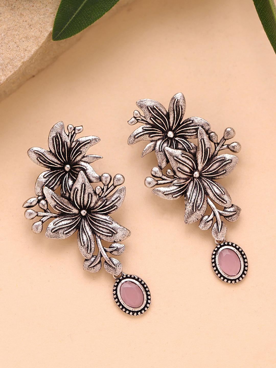 Voylla Floral Drop Oxidised Earrings