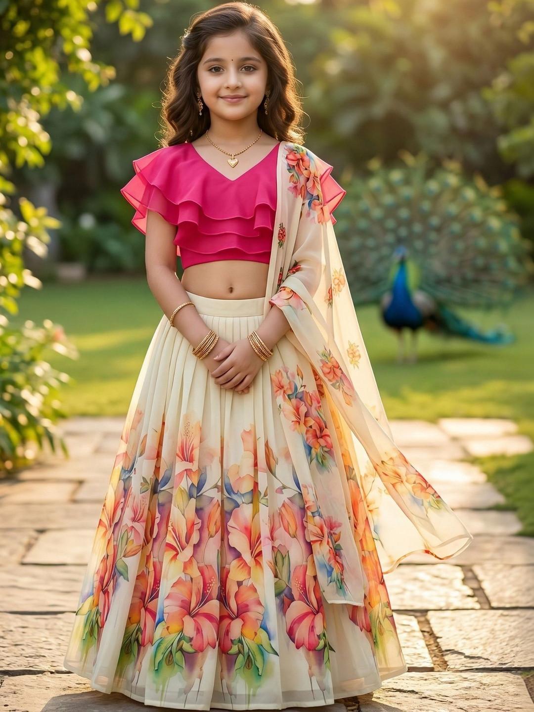 KALINI Girls Printed Ready to Wear Lehenga & Blouse With Dupatta
