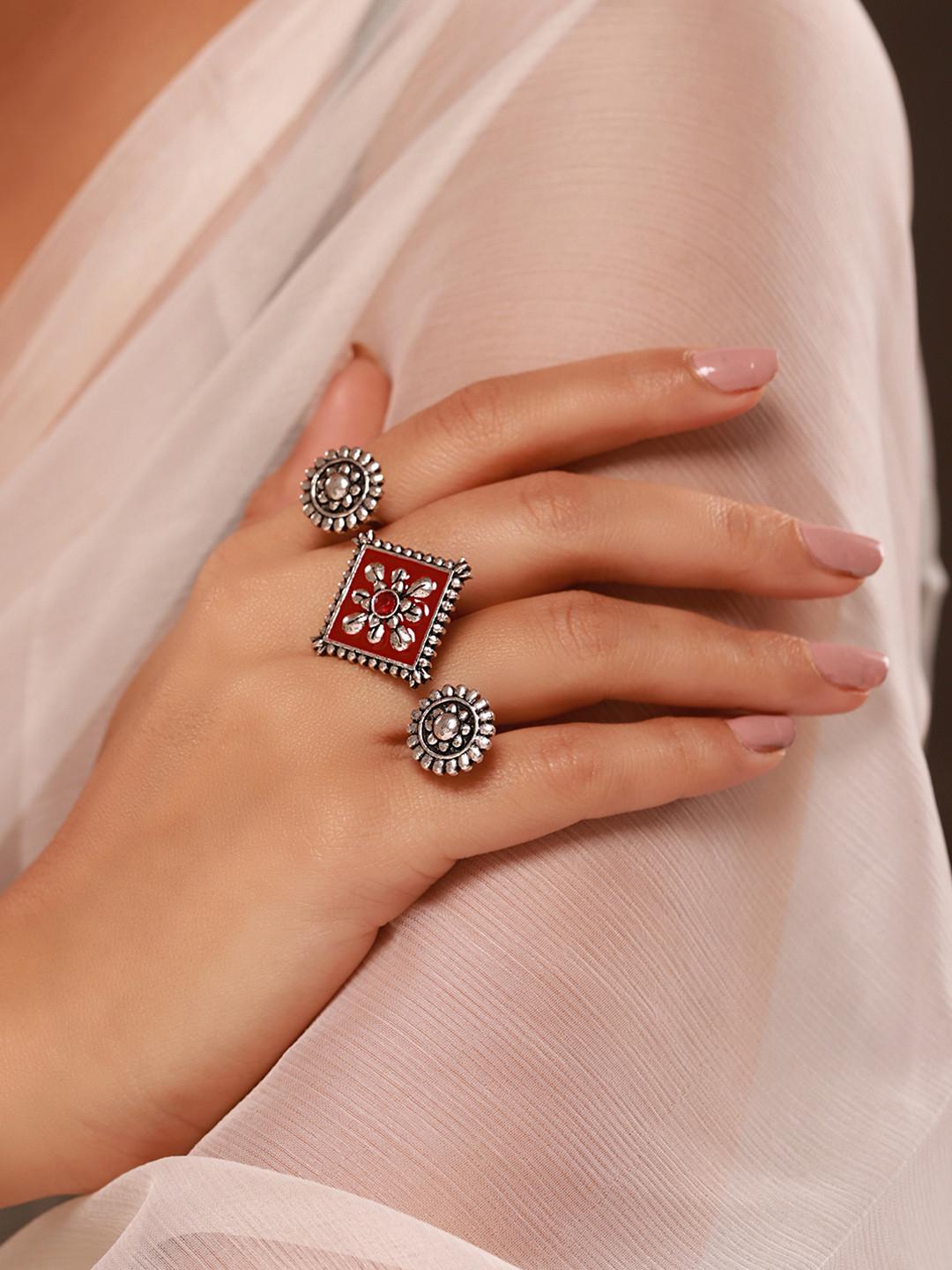 Voylla Women Silver Plated Oxidised Cubic Zirconia Finger Ring
