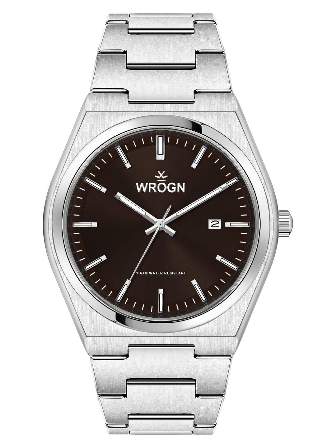 WROGN Men Brass Dial & Stainless Steel Straps Analogue Date Aperture Watch HOBWRG-CH786-BR