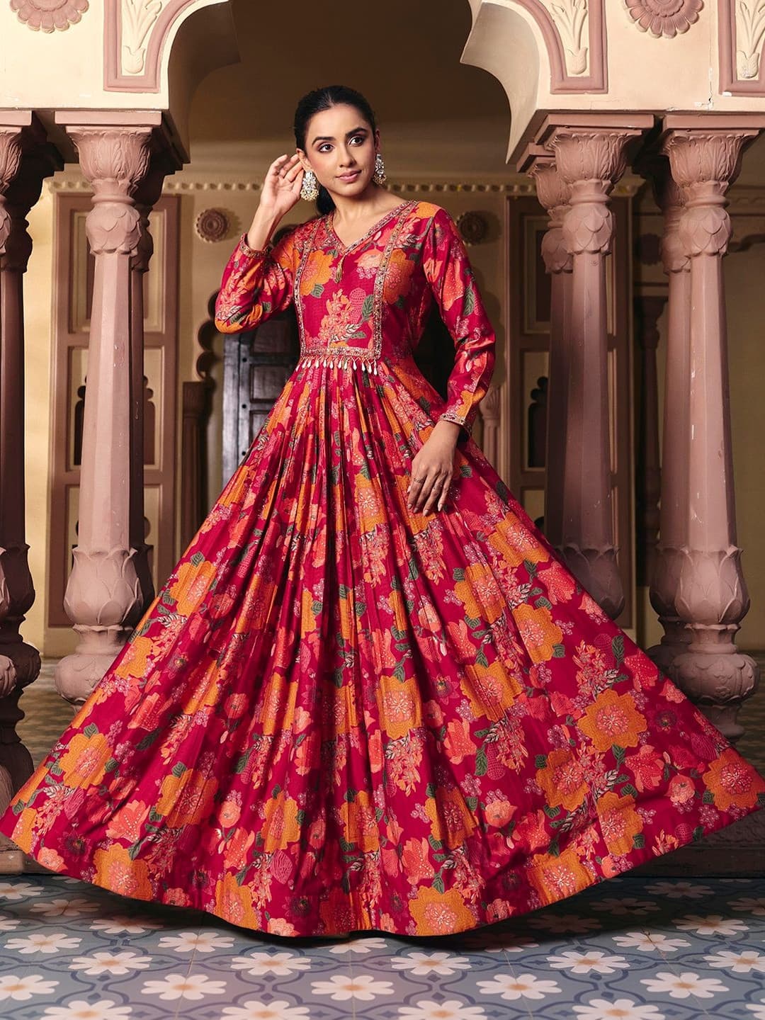 MADHURAM Printed V-Neck Gown Ethnic Dresses