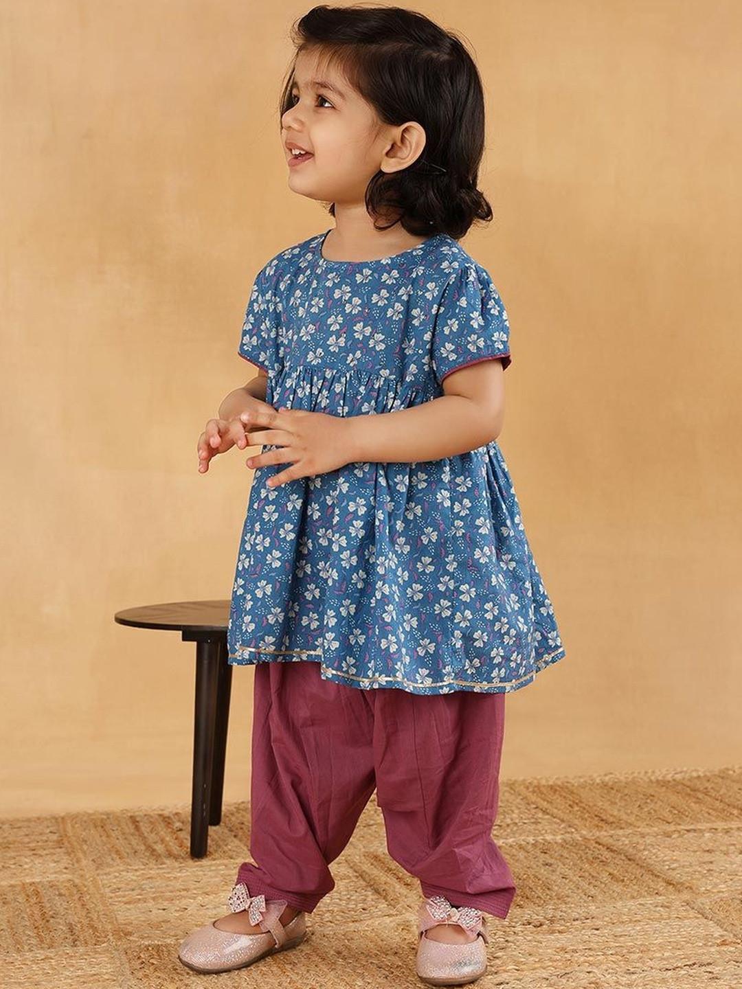 Fabindia Girls Floral Printed Pure Cotton Kurta with Salwar