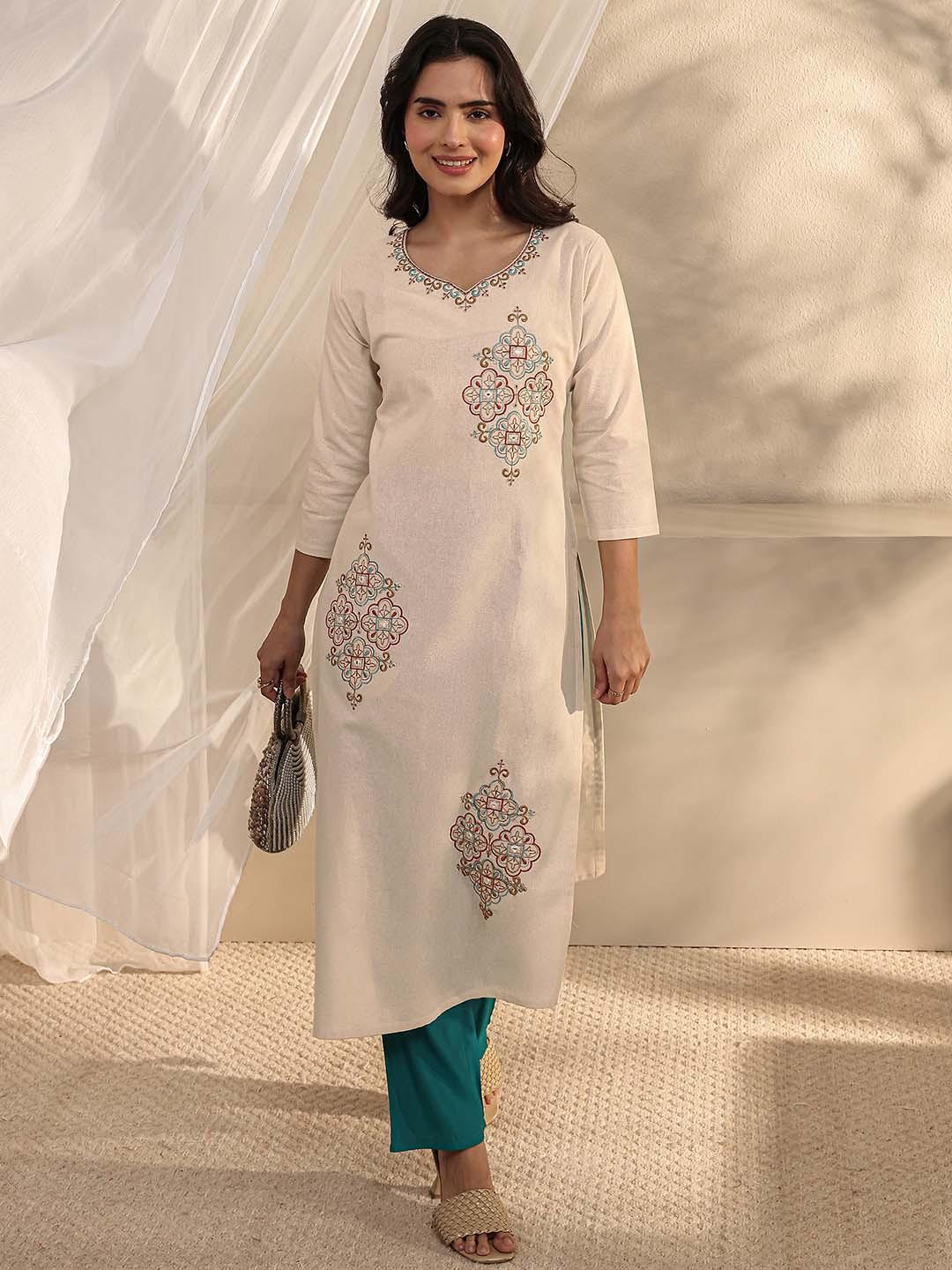Libas Off White Ethnic Motif Embroidered Straight Kurta