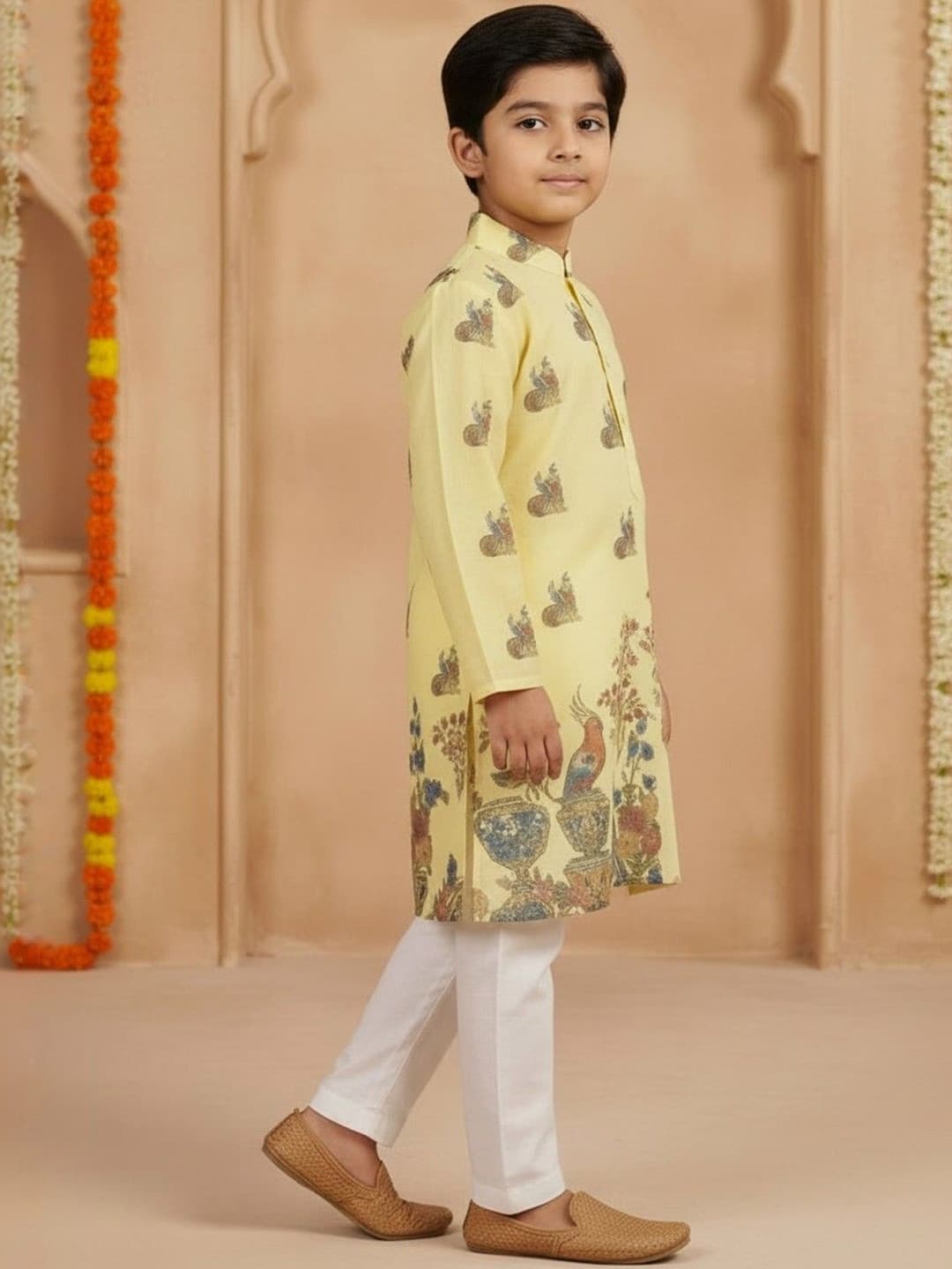 Sangria Boys Printed Pure Cotton Mandarin Collar Knee Length Straight Kurta