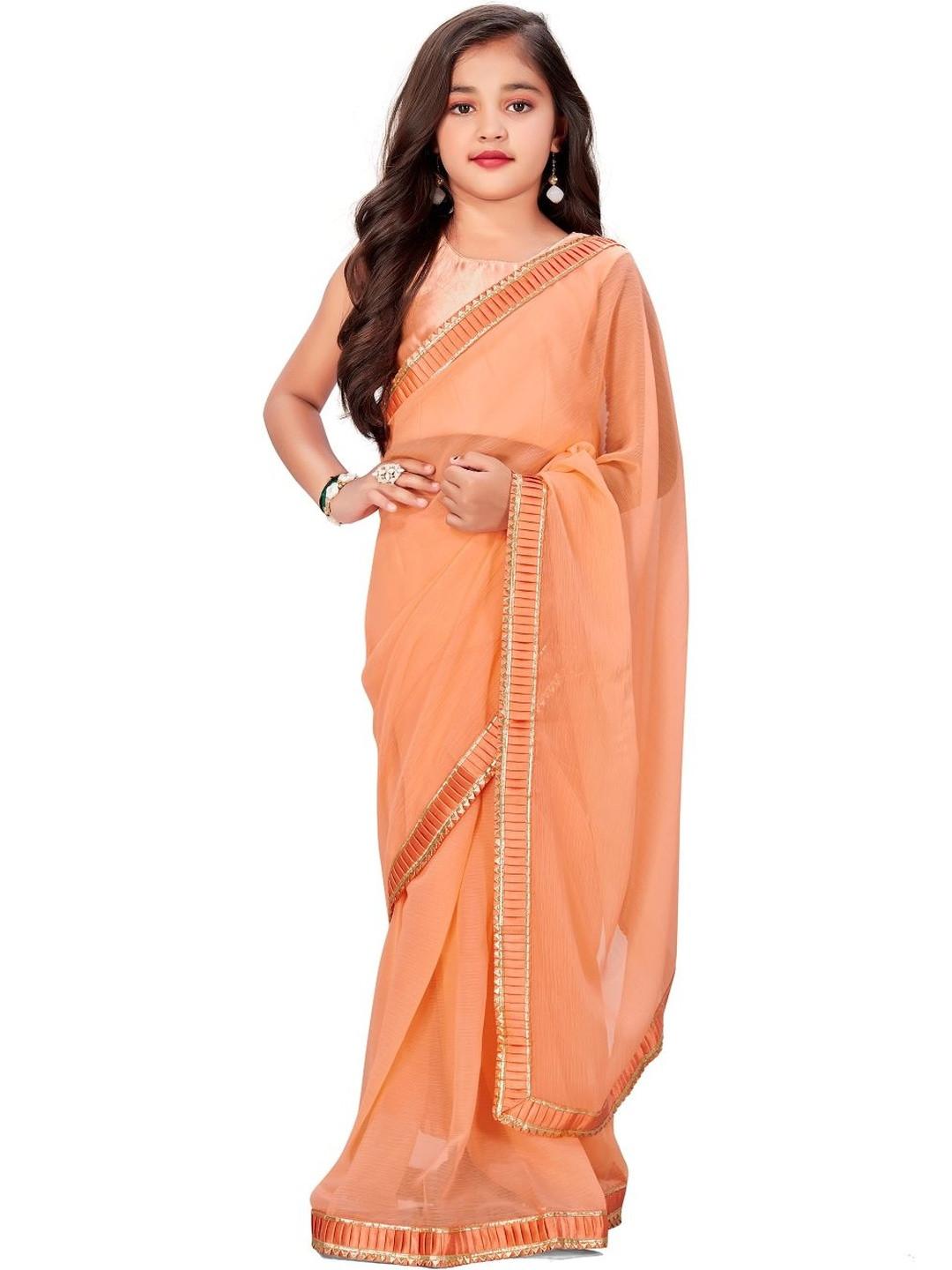Sangria Girls Woven Design Zari Border Pure Georgette Ready To Wear Sarees
