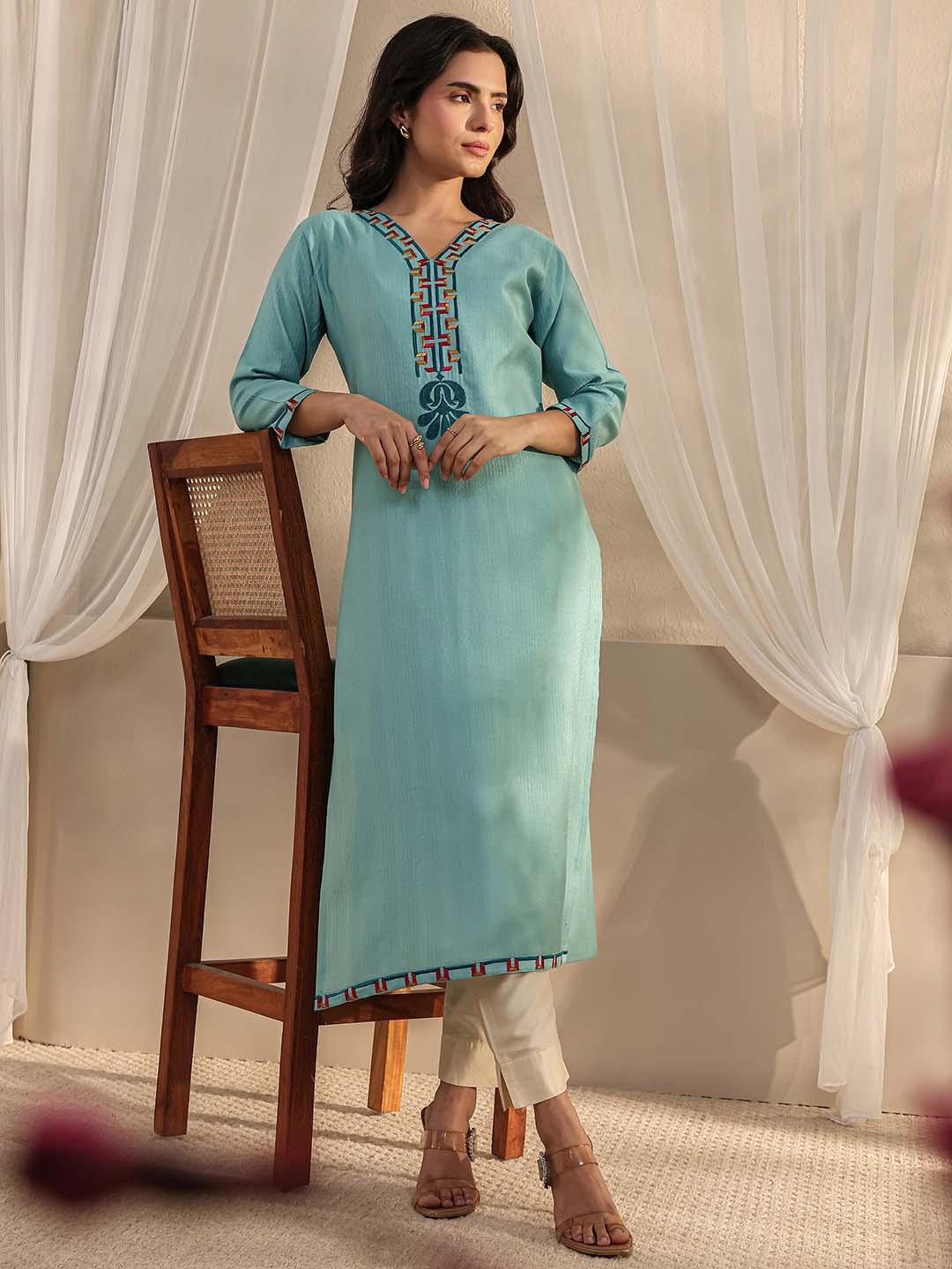 Libas Blue Ethnic Motif Embroidered Straight Kurta