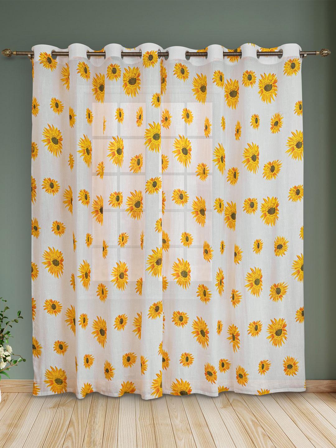 HOMEMONDE Yellow Set of 2 Floral Printed Single Sheer Window Regular