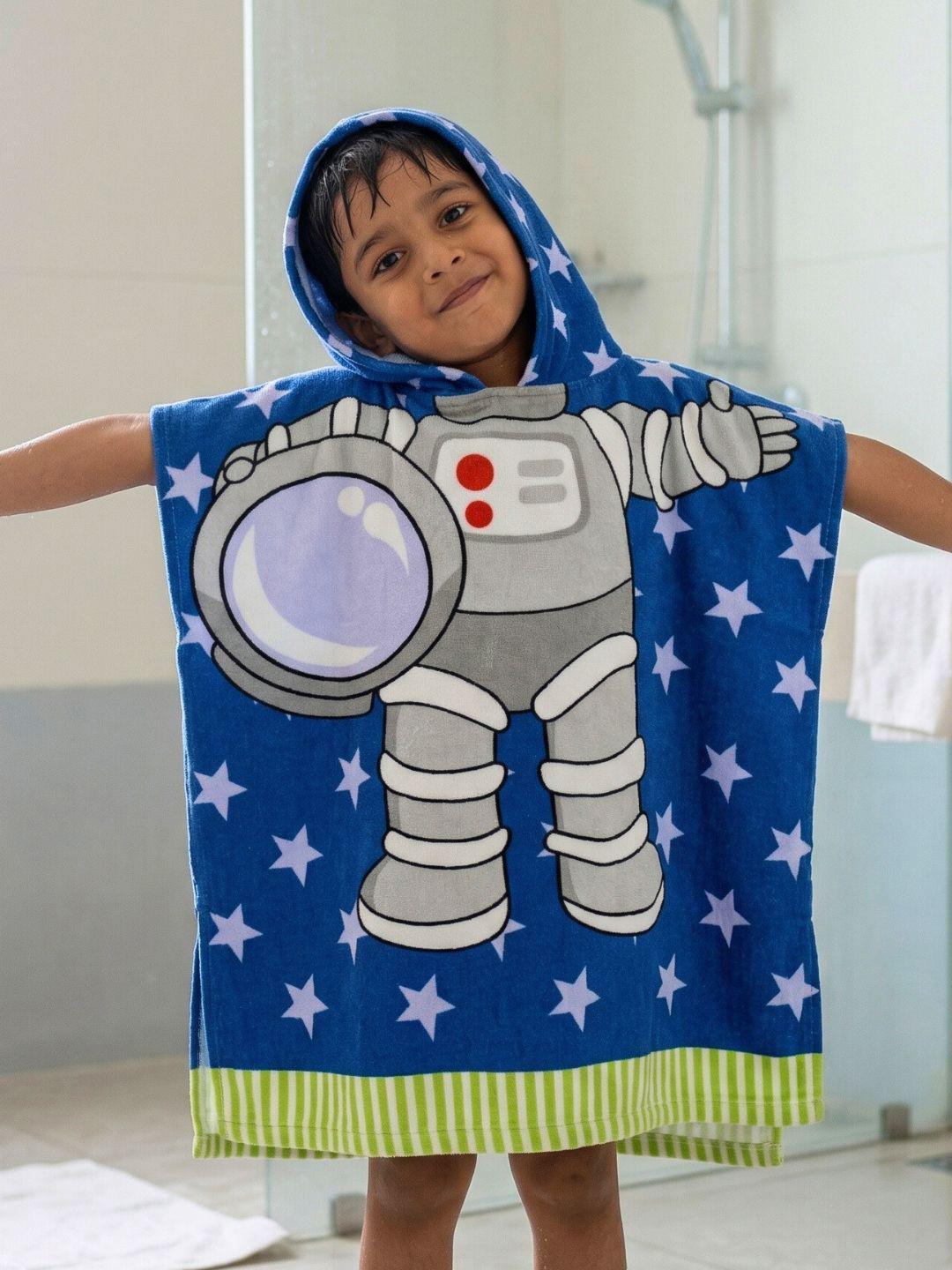 Famyo Kids Blue Astronaut Hooded Poncho Bath Towel Microfiber 230 GSM Super Soft 1-7 Yrs