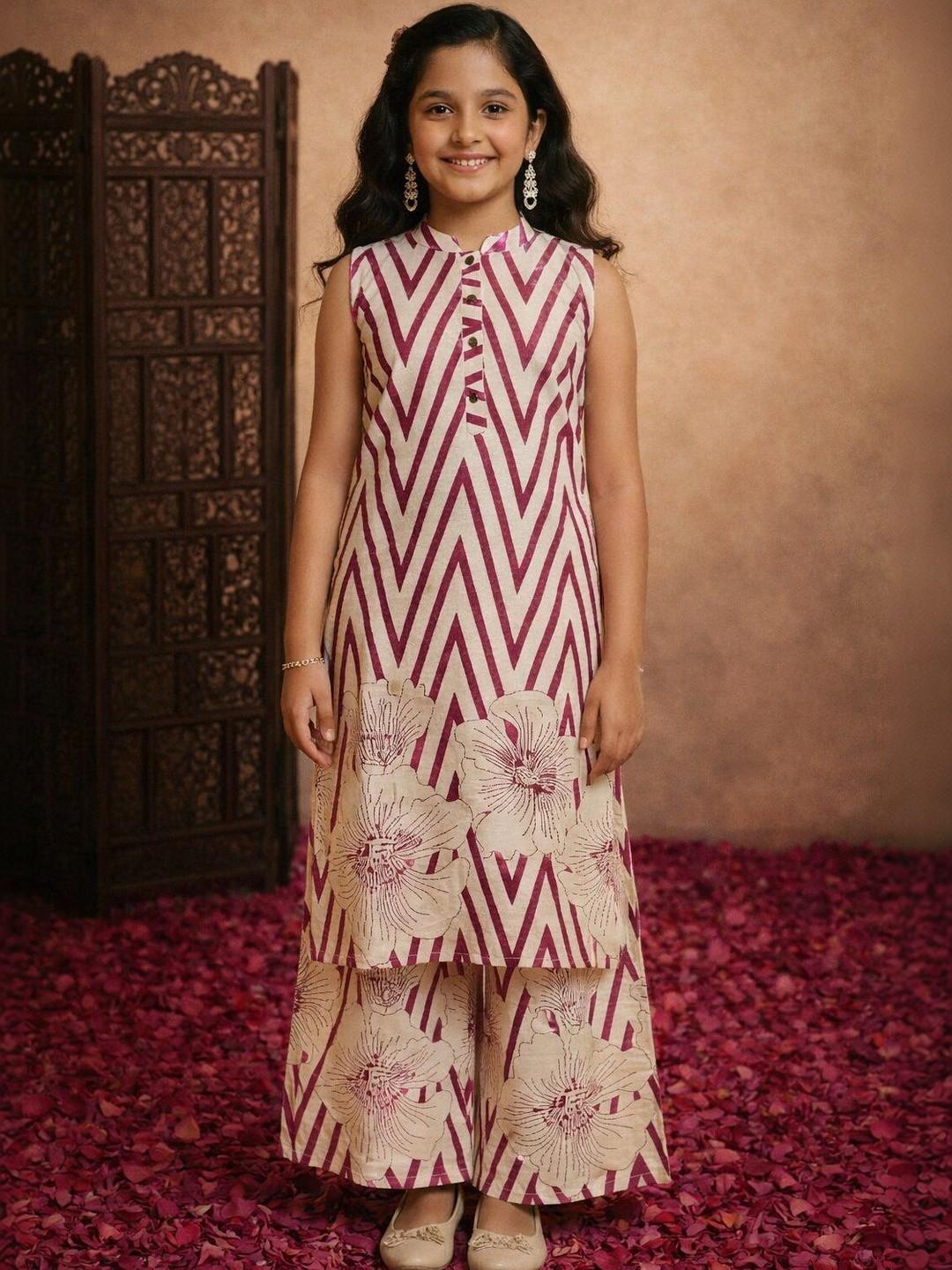 Sangria Girls Printed Pure Cotton Mandarin Collar Kurta & Palazzos