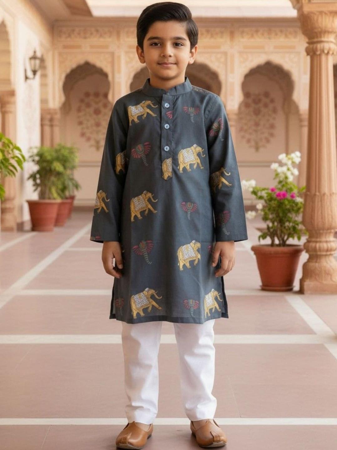 Sangria Boys Floral Printed Mandarin Collar Pure Cotton Straight Kurta